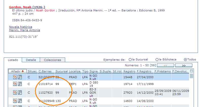 Varios ejemplares colgando de un registro bibliográfico